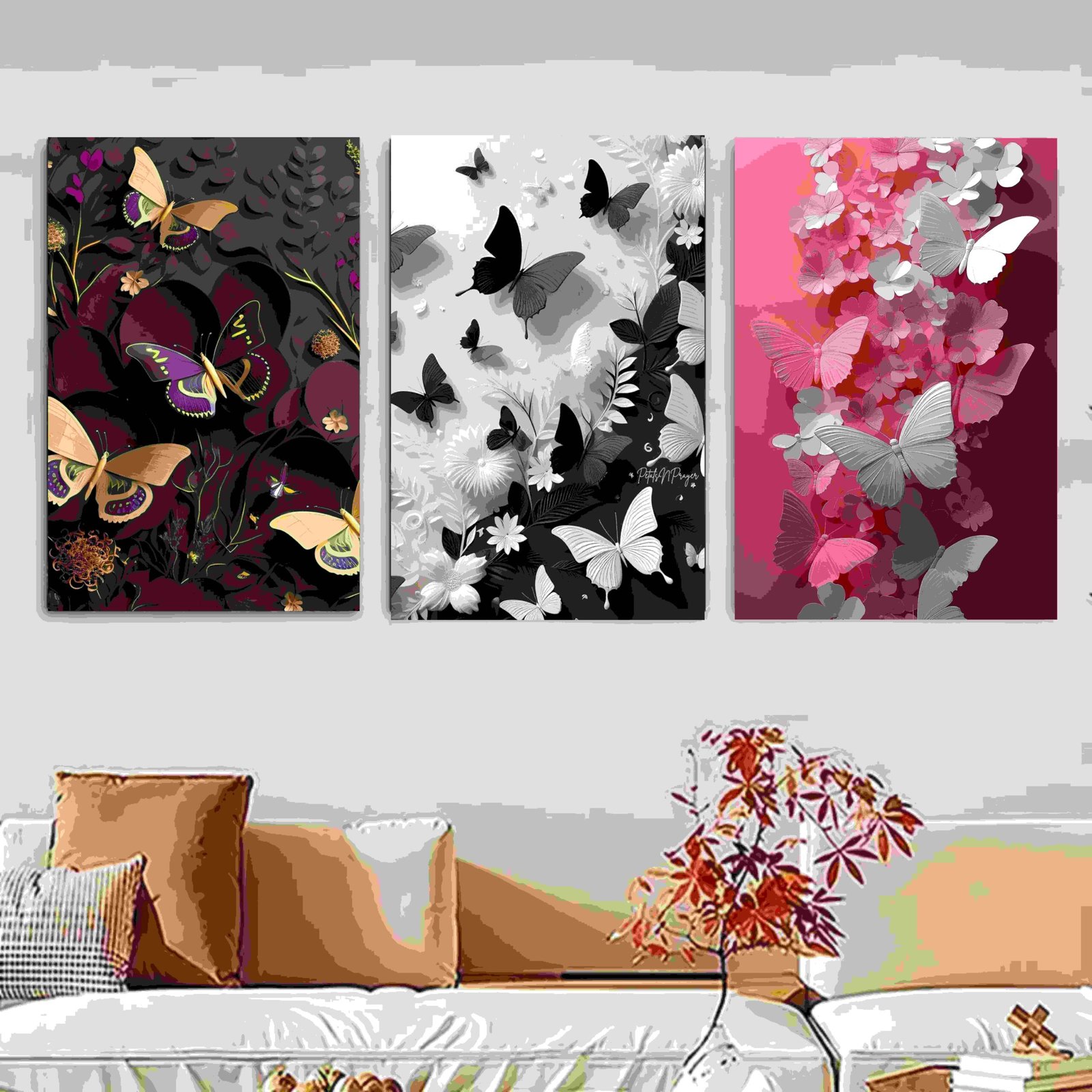 Set Of 3 Butterfly Art Wooden Frames For Wall Decoration / Sticky...