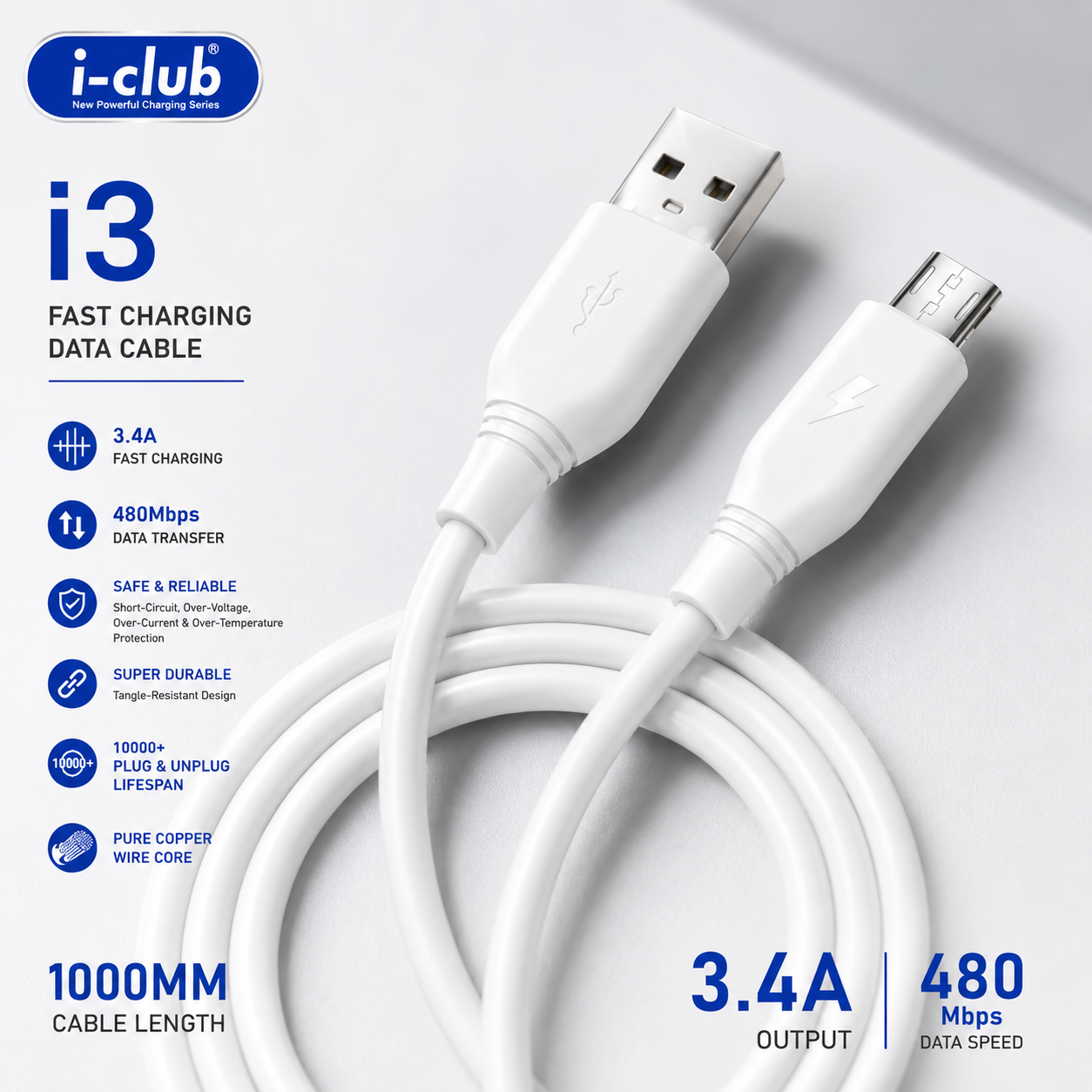 I-Club I3 3.4a Fast Charging Micro USB Cable