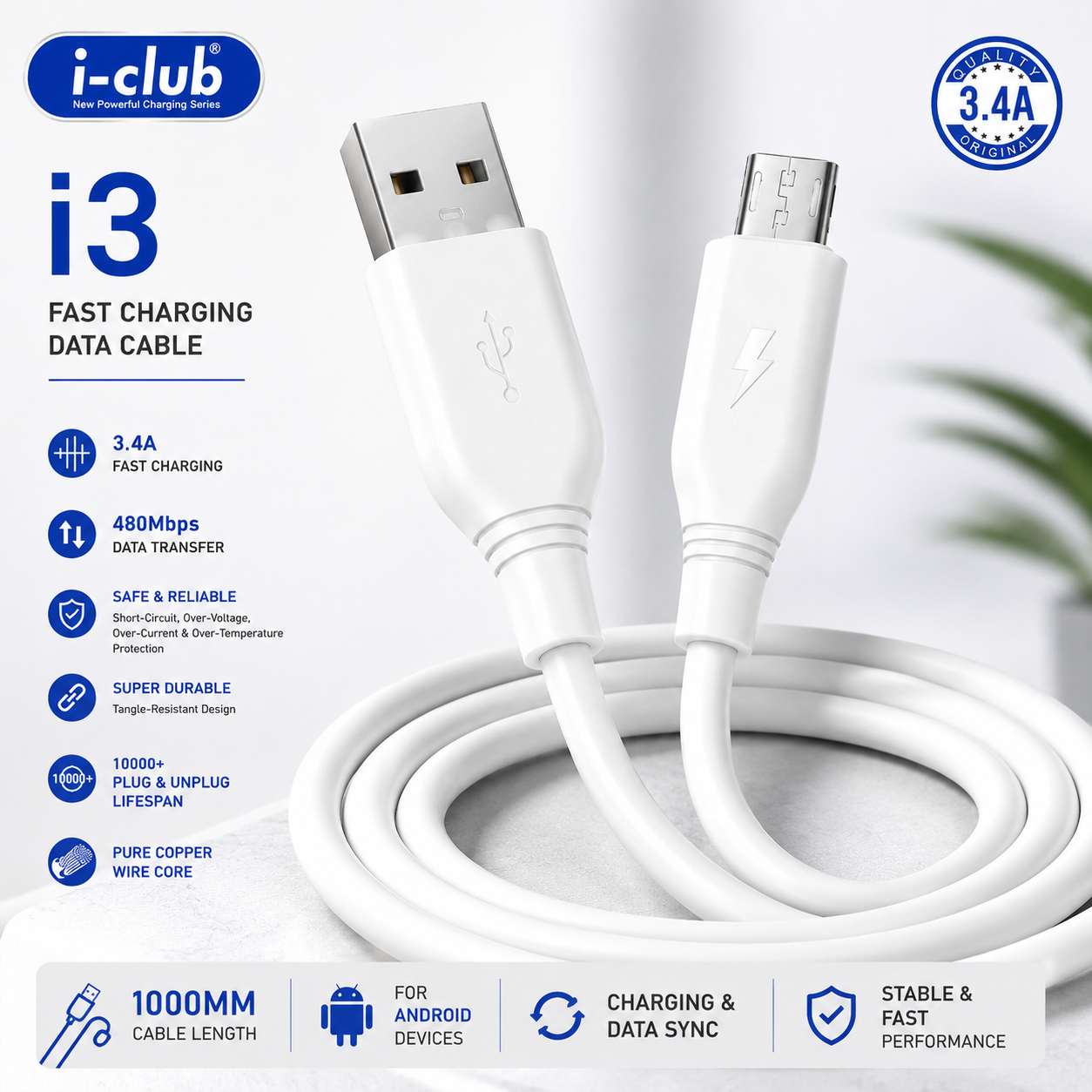 I-Club I3 3.4a Fast Charging Micro USB Cable - Image 2