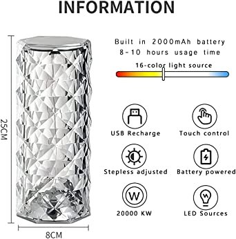 16 Colors Diamond Rose Crystal Lamp Bedside Acrylic Usb... - Image 3