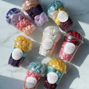 4pc Colorful Satin Scrunchie Set in Clear Dome Lid Cups with Girly