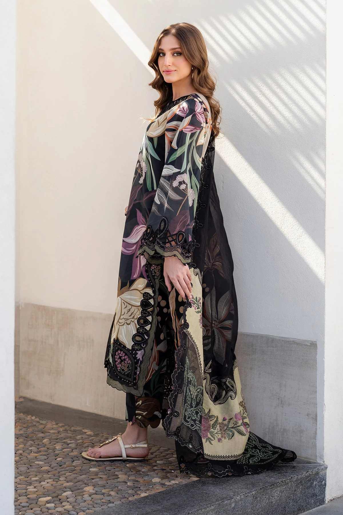 All-Over Printed Embroidered Black Lawn Dress with Chiffon Dupatta - Image 4