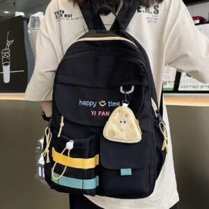 Stylish Black Backpack with Blue & Yellow Stripes + Cute Mouse-Shaped