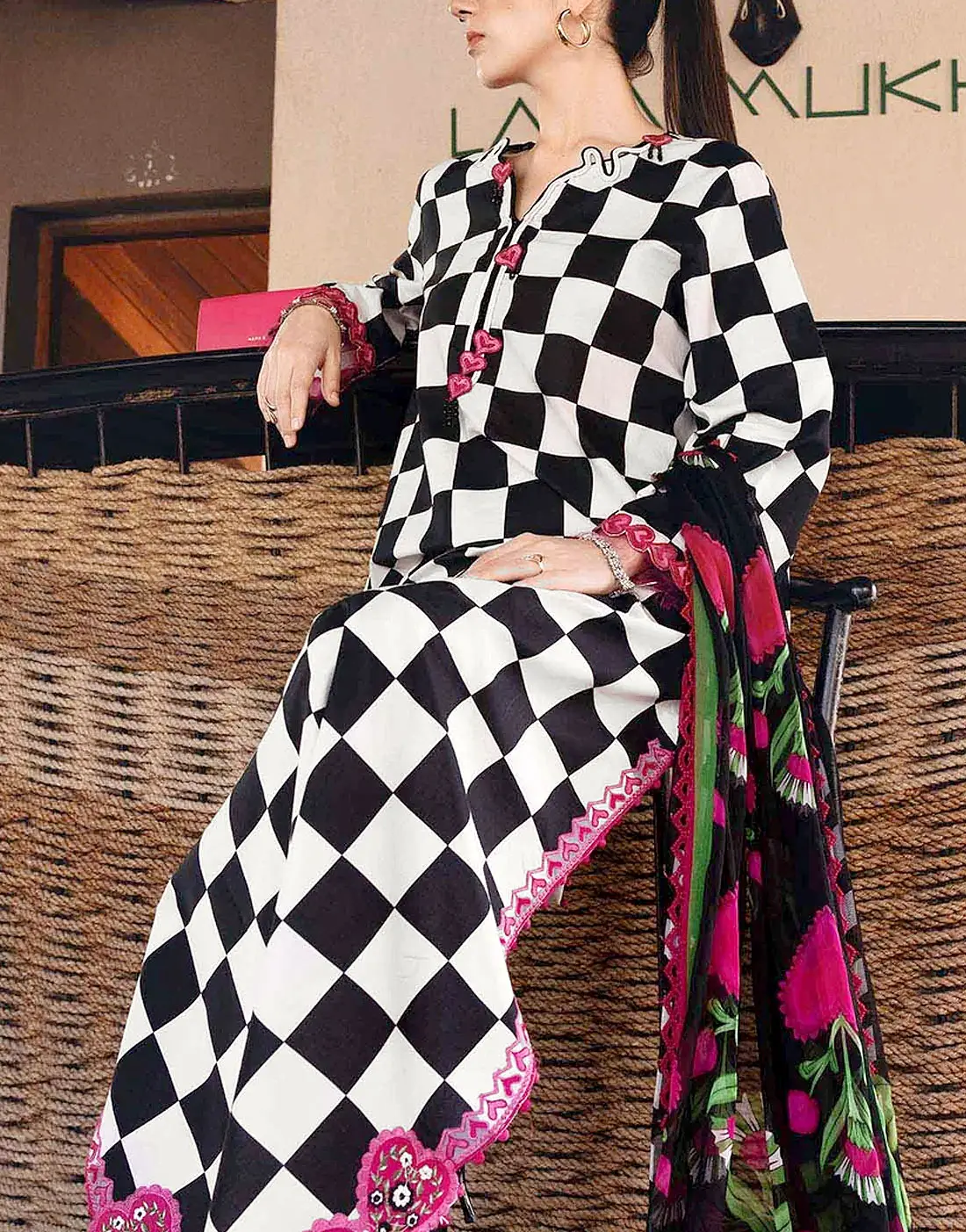 Elegant All-Over Checkerboard Print Embroidered Lawn 3pc Unstitched - Image 2