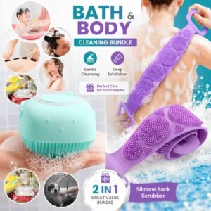 Silicone Bath Brush and Silicone Back Scrubber Care Bundle for Deep