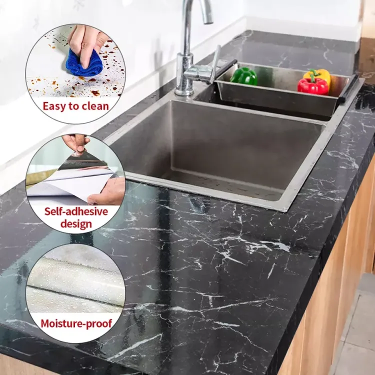 Self Adhesive Black Marble Sheet For Kitchen / Waterproof Anti Oil...