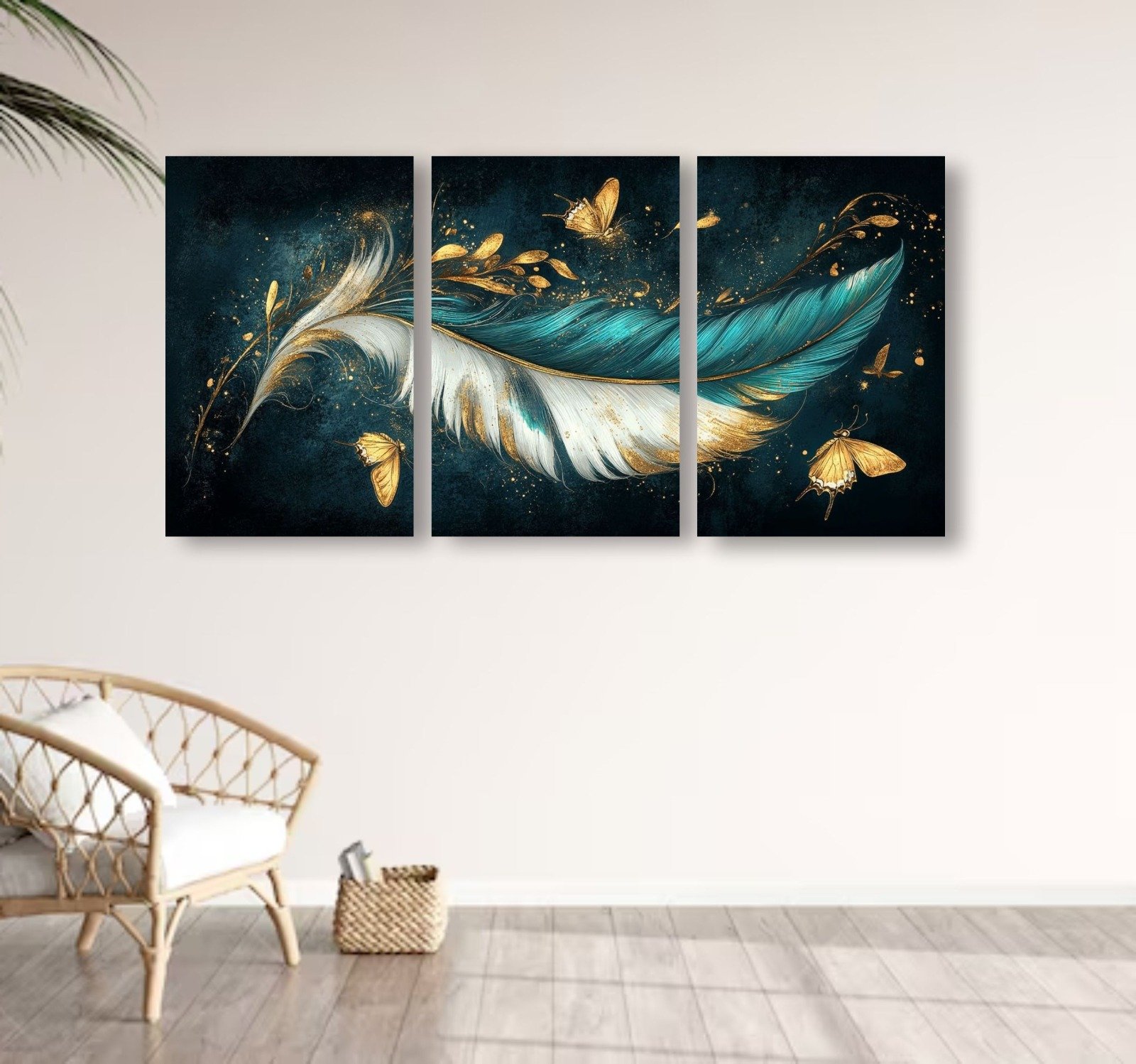 Set of 3 Feather Art Wooden Frames for Wall Decoration Sticky Photo