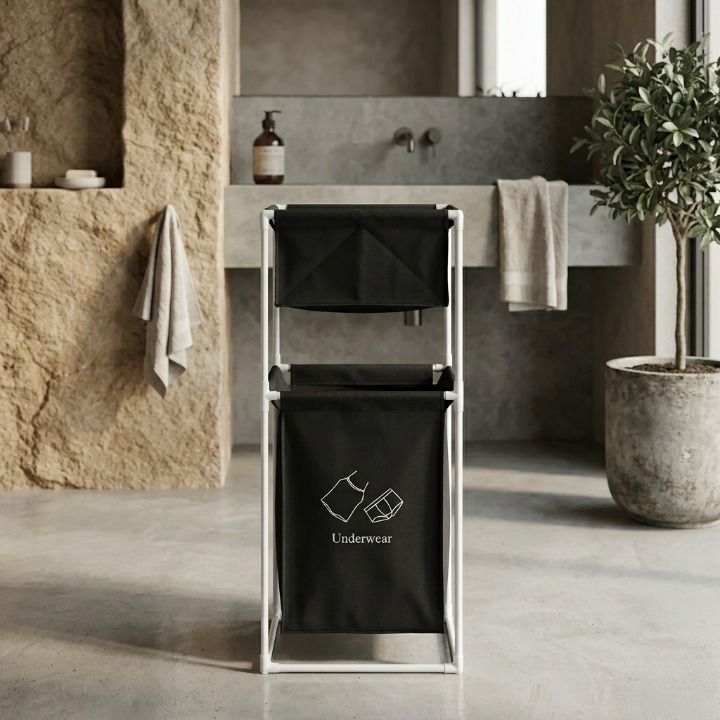 Fabric Laundry Hamper with Dual Compartments and White Metal Frame - Image 3
