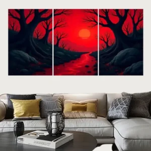 Set of 3 Surreal Red Landscape Wall Art Frames