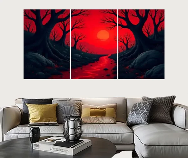 Set of 3 Surreal Red Landscape Wall Art Frames