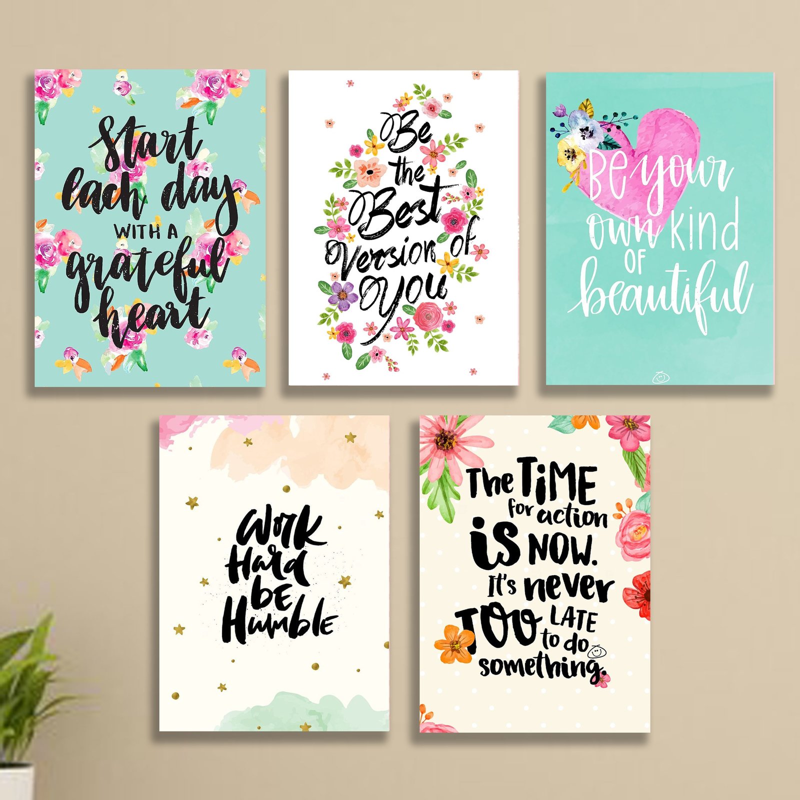 Set of 5 Floral Motivational Wall Art Frames