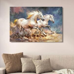 Two Galloping White Horses on the Plains Canvas Wall Art with Double Tape