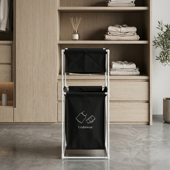 Fabric Laundry Hamper with Dual Compartments and White Metal Frame - Image 2