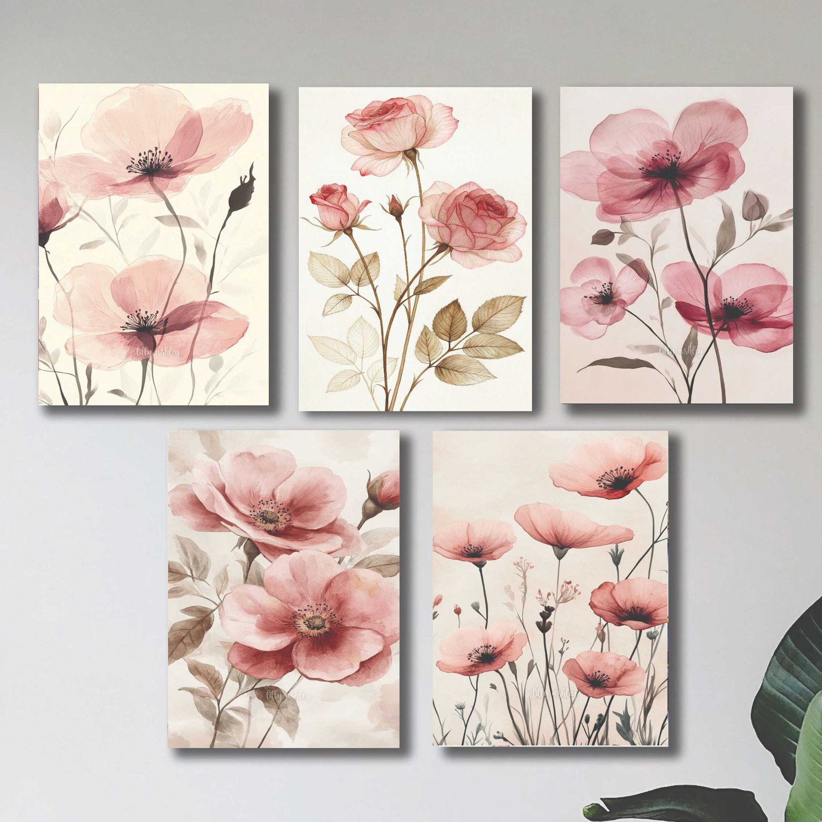 Set Of 5 Pink Flowers Floral Wall Art Wooden Sticky Frames For...