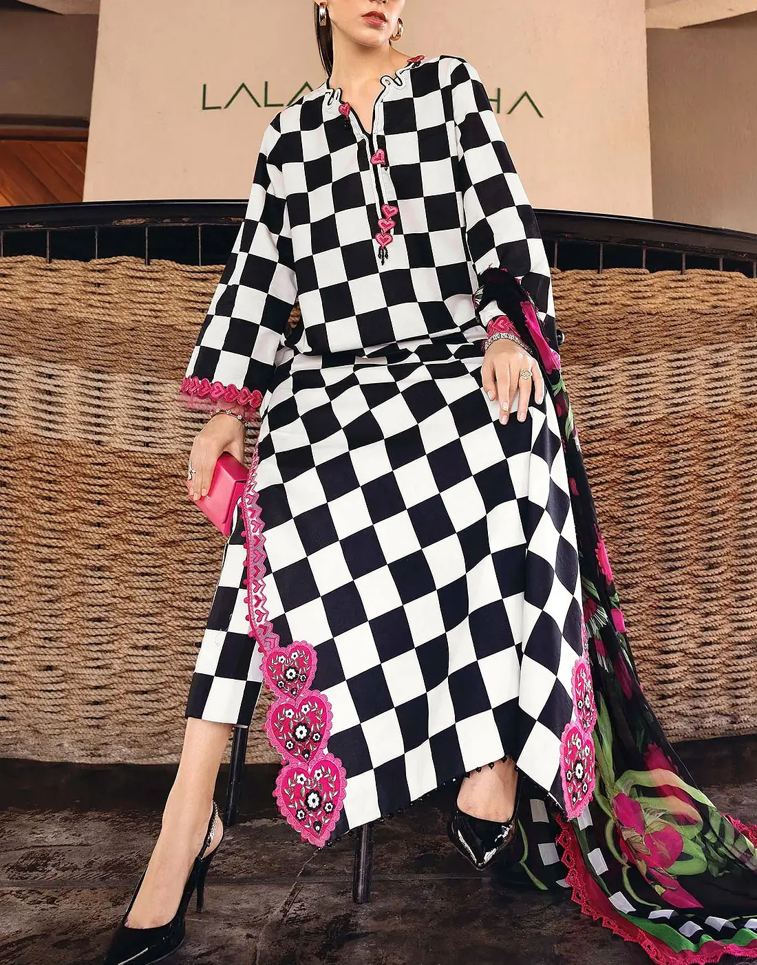 Elegant All-Over Checkerboard Print Embroidered Lawn 3pc Unstitched