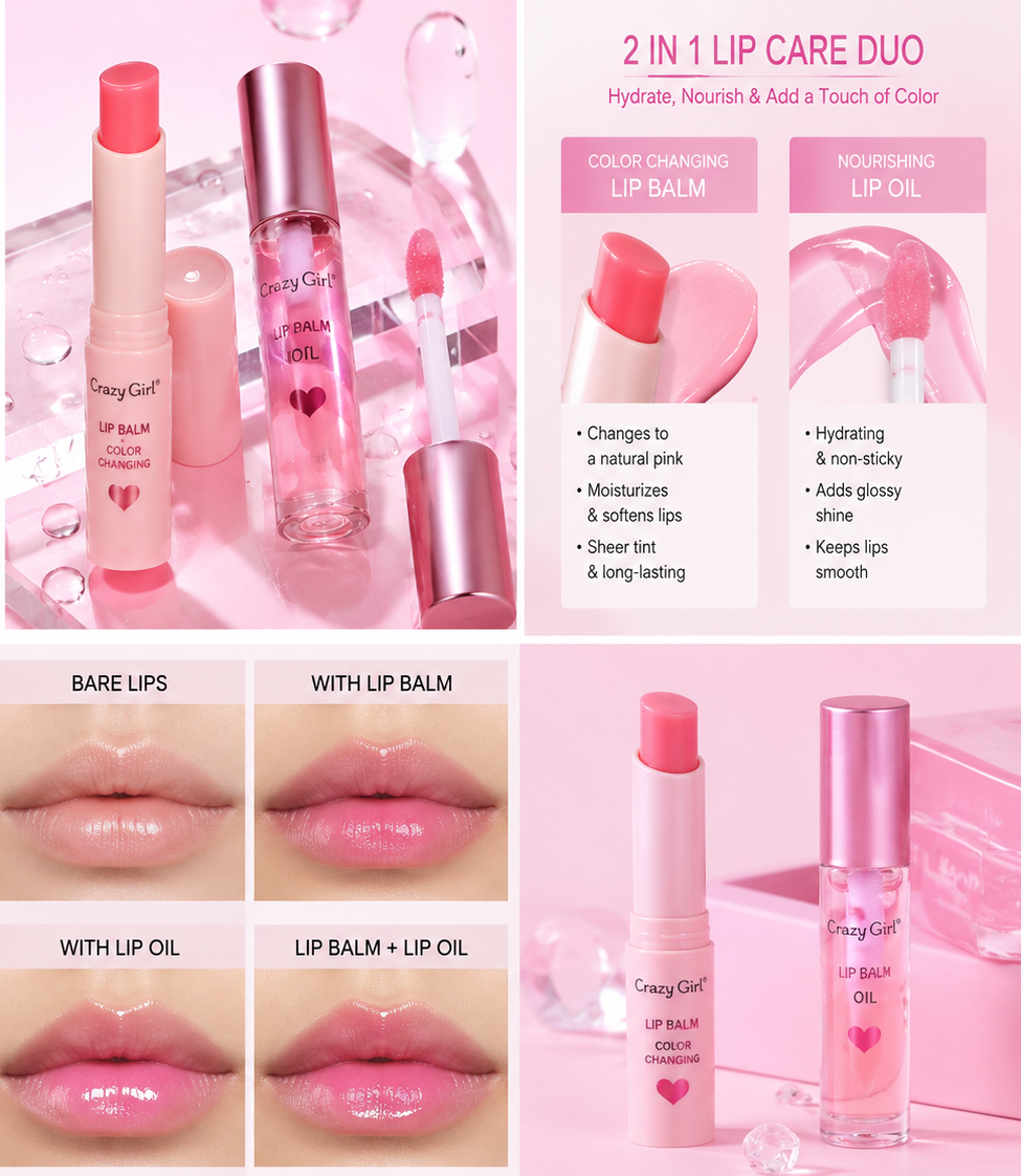 Crazy Girl 2 in 1 Color Changing Lip Balm & Lip Oil Set, Moisturizing