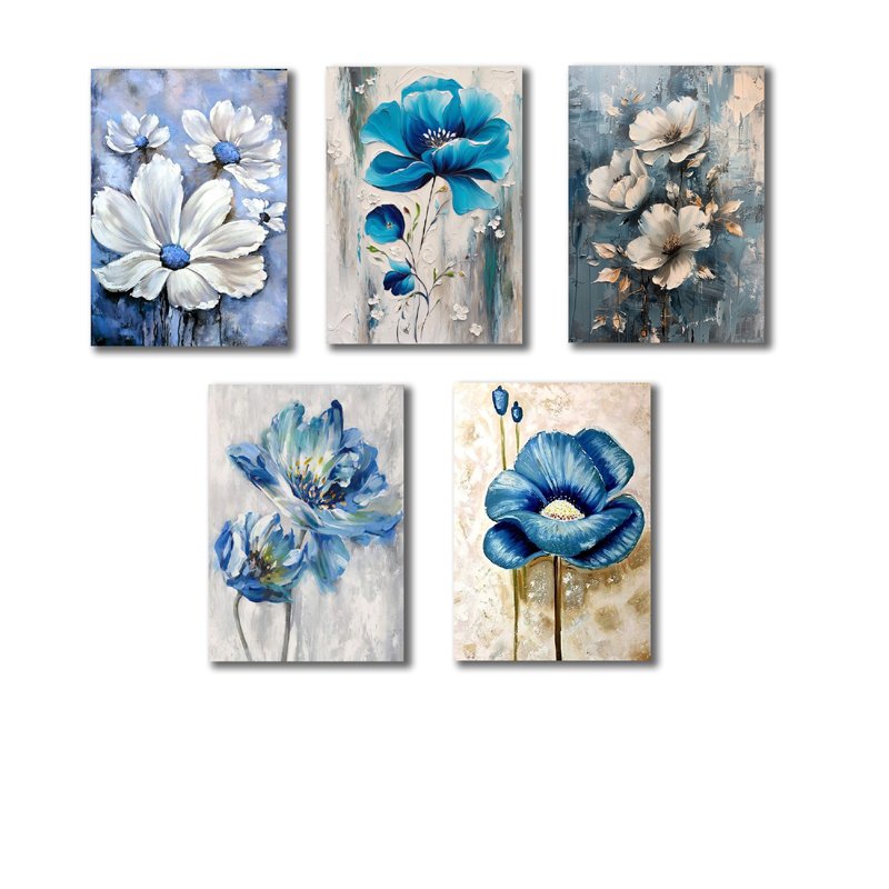 Set Of 5 Blue Flowers Wall Art Wooden Frames For Home Decoration /...