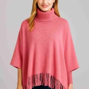 Winter Fleece Poncho with High Neck, Tassel Design & Adjustable