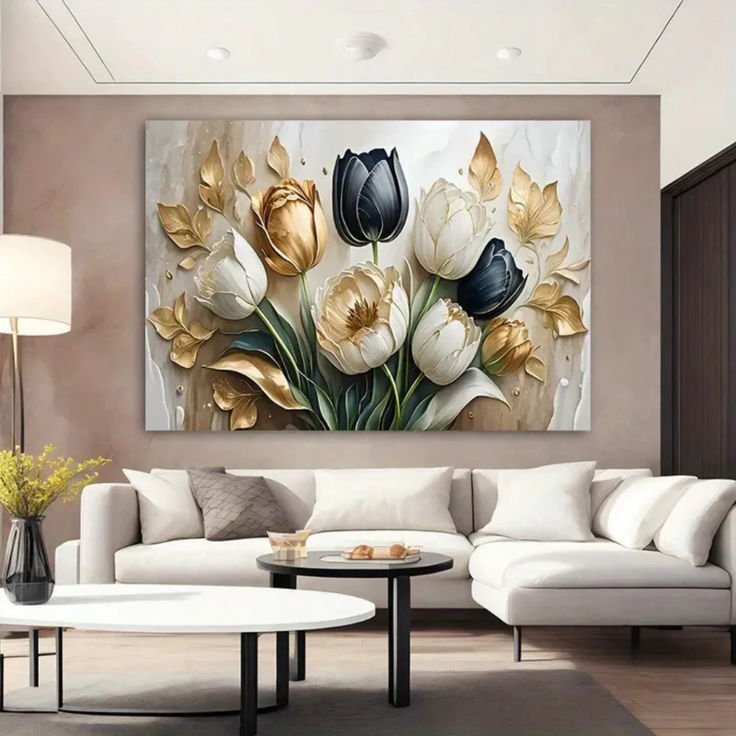 Modern 3d Effect Luxury Floral Wall Art Frame Featuring Golden