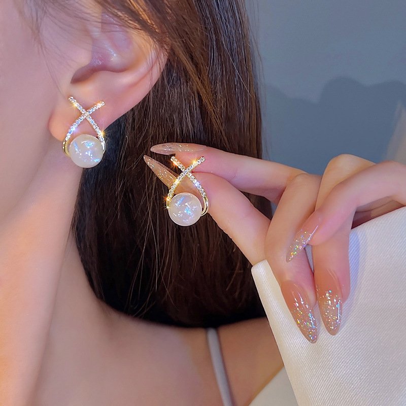 Elegant Golden Cross Pearl Zircon Earings Pearl Stud Earrings...