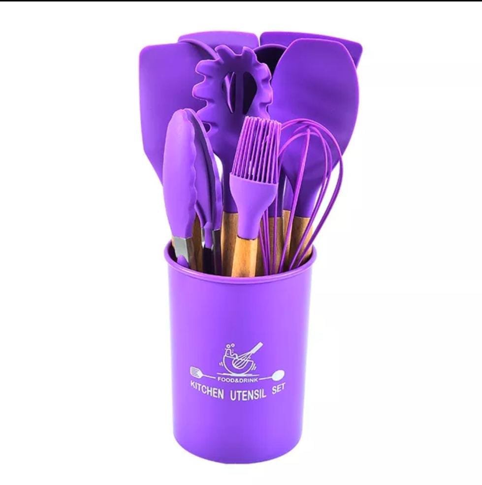 12 Pcs Set Wooden Handle Silicone Kitchen Utensils With Storage... - Image 2