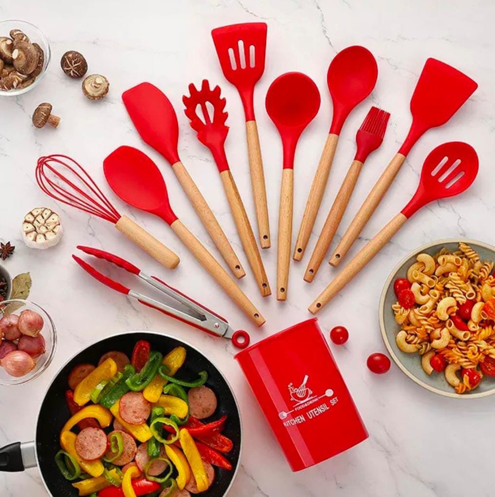 12 Pcs Set Wooden Handle Silicone Kitchen Utensils With Storage... - Image 3