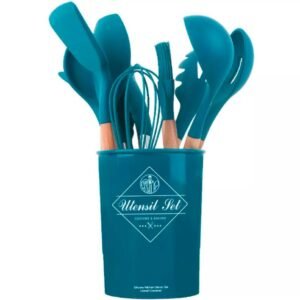 12 Pcs Set Wooden Handle Silicone Kitchen Utensils With Storage...