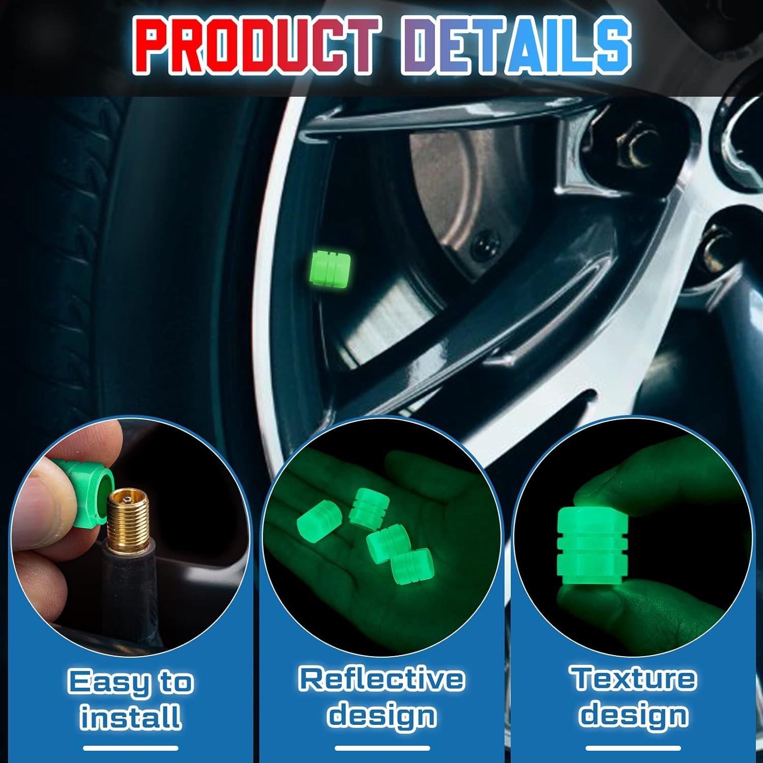 Pack Of Two Glow In The Dark Tire Valve Caps Fluorescent Stem Car...