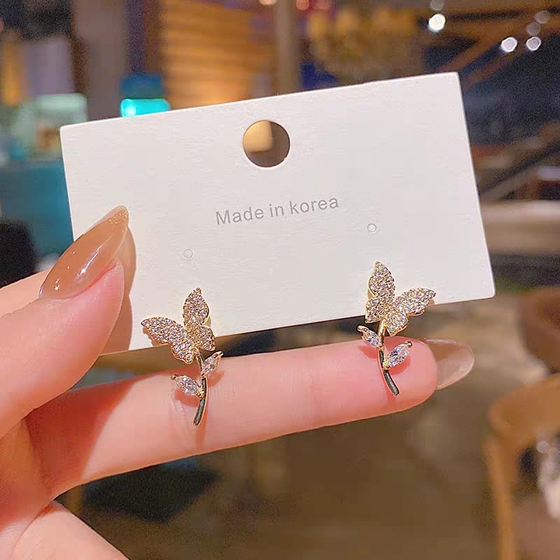 Golden Butterfly Flower Style Zircon Studs  For Women Girls