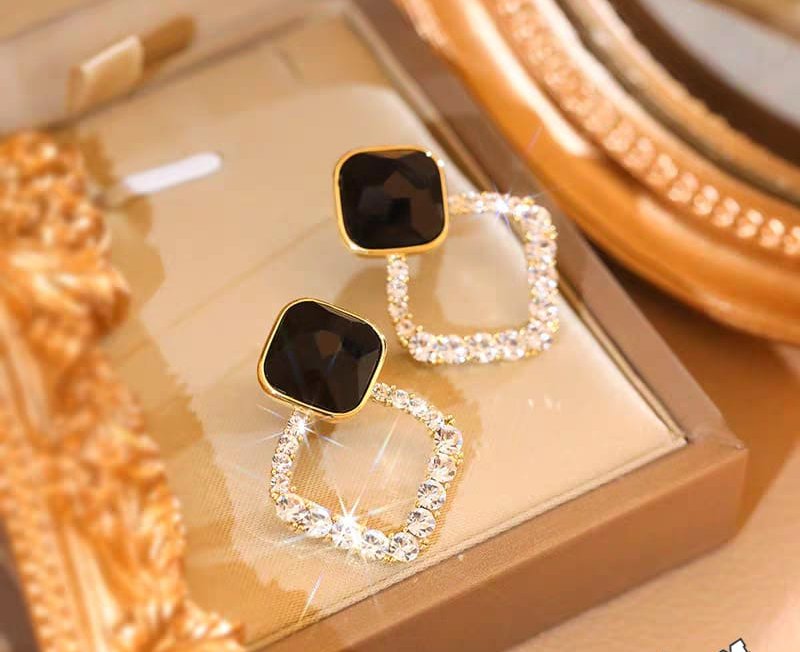 Zircon Korean Black Shiny Earing Resin Rhombus Earrings Earrings... - Image 3