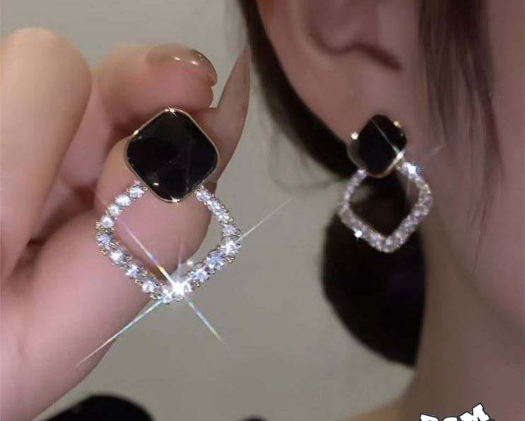 Zircon Korean Black Shiny Earing Resin Rhombus Earrings Earrings... - Image 2