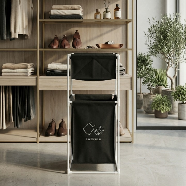 Fabric Laundry Hamper with Dual Compartments and White Metal Frame