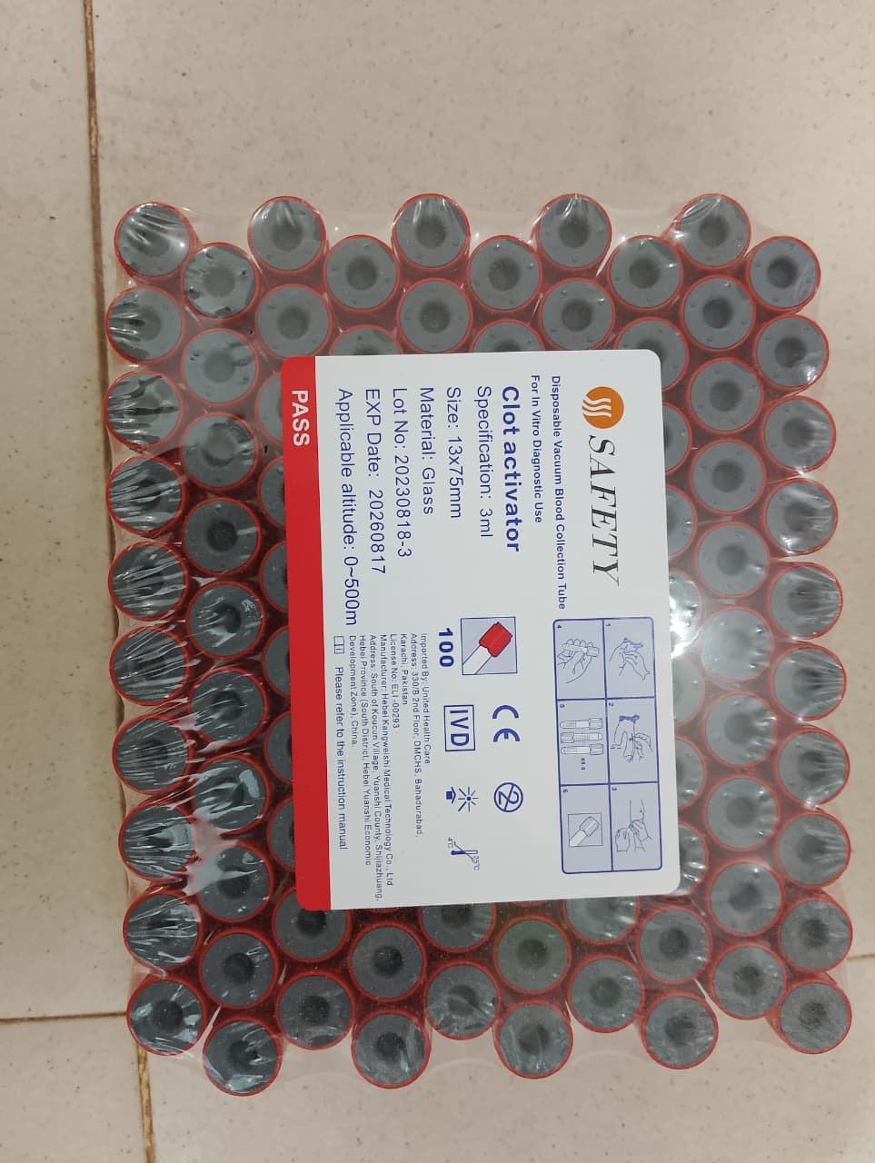 Safety Clot Activator Vacuum Blood Collection Tubes (glass, 3ml, 13x75mm)