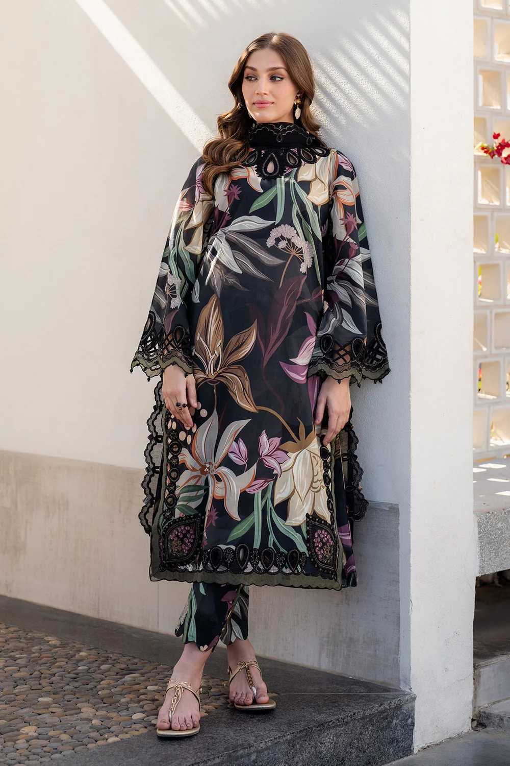 All-Over Printed Embroidered Black Lawn Dress with Chiffon Dupatta