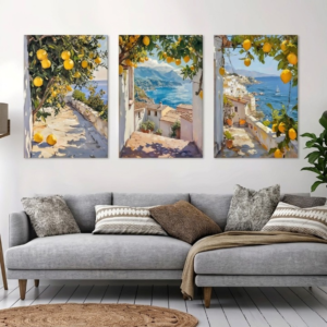 Set of 3 Vintage Mediterranean Coastal Lemon Tree Scenery Painting Wall