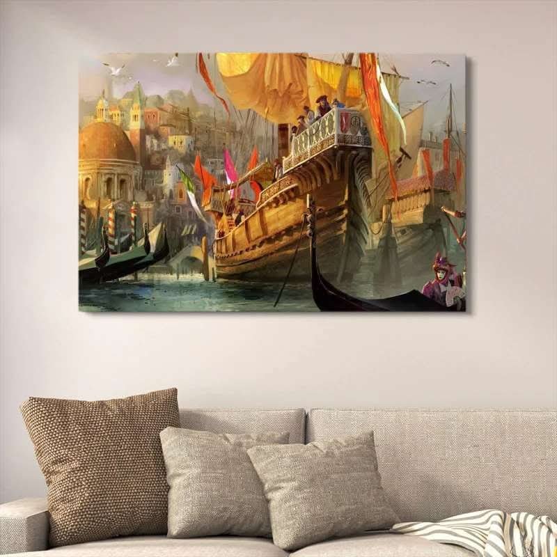 Venetian Merchant Ships Painting Canvas Wall Art with Double Tape
