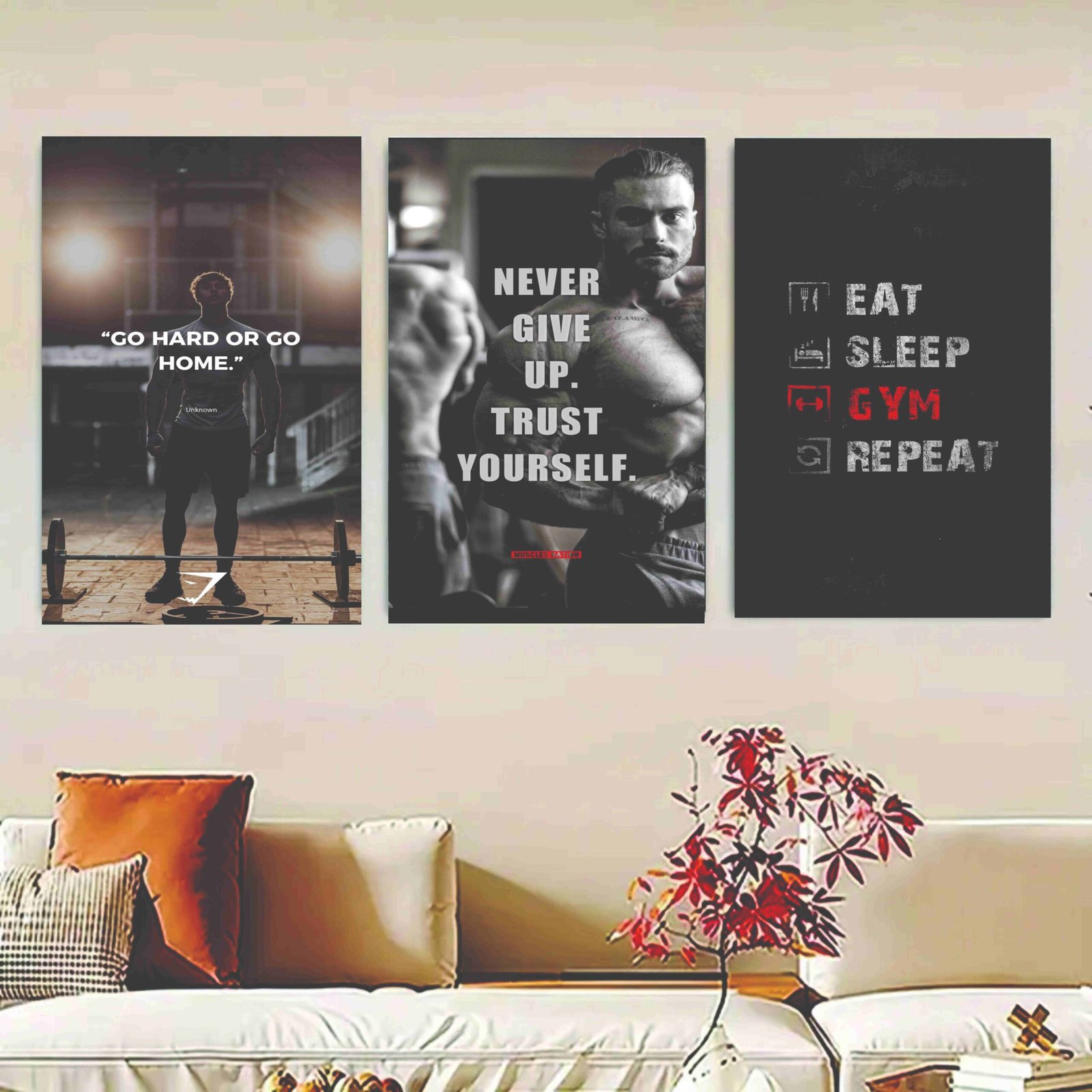 Set Of 3 Gym Sticky Canvas Phototiles Frame For Wall, Home Decor