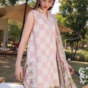 Luxury All-Over Checkerboard Print Embroidered Lawn 3pc Unstitched Suit
