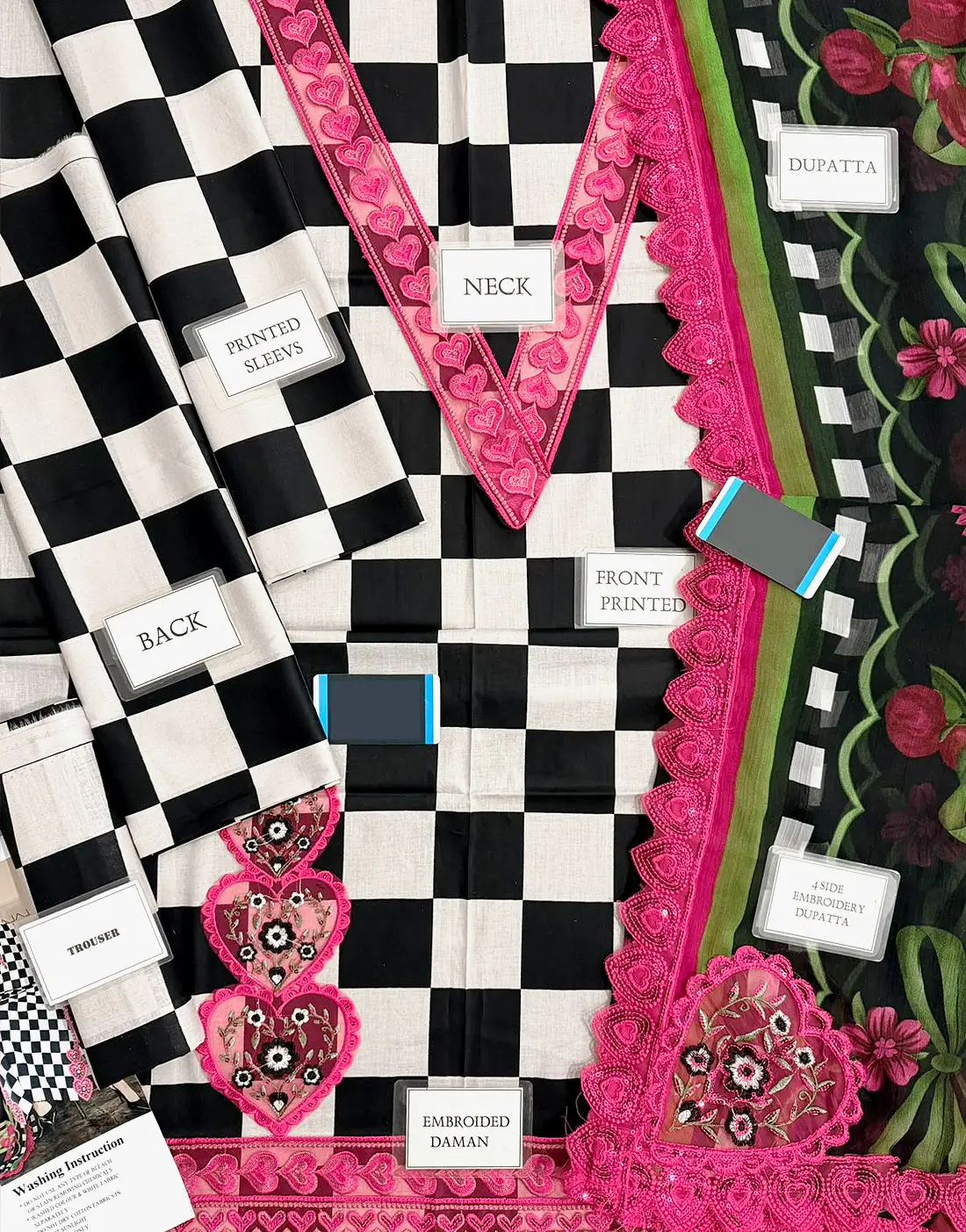 Elegant All-Over Checkerboard Print Embroidered Lawn 3pc Unstitched - Image 3