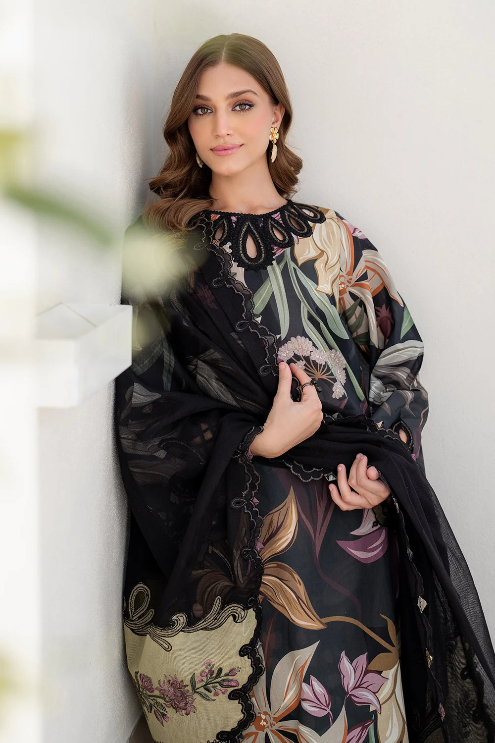 All-Over Printed Embroidered Black Lawn Dress with Chiffon Dupatta - Image 2