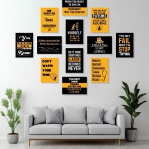 Yellow and Black Motivational Wall Art Posters 12 Pcs Set Wooden Sticky