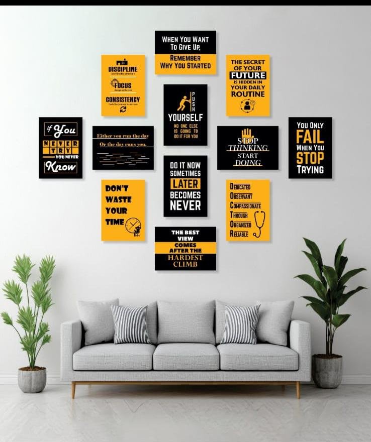 Yellow and Black Motivational Wall Art Posters 12 Pcs Set Wooden Sticky