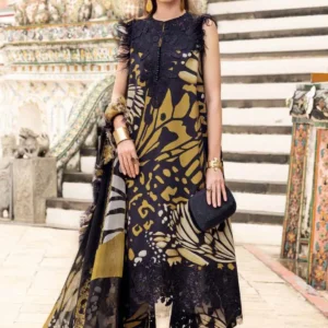 Maria B Printed Embroidered Lawn 3pc Unstitched Suit with Chiffon Dupatta