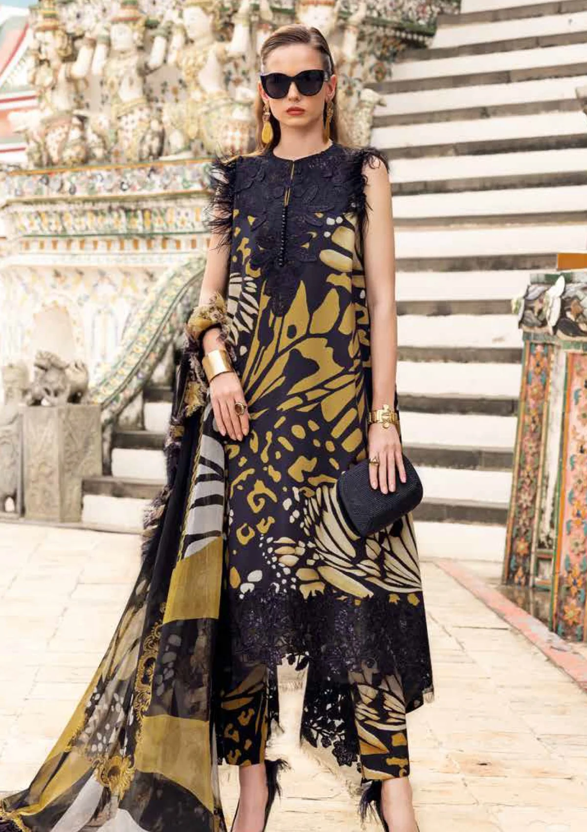 Maria B Printed Embroidered Lawn 3pc Unstitched Suit with Chiffon Dupatta