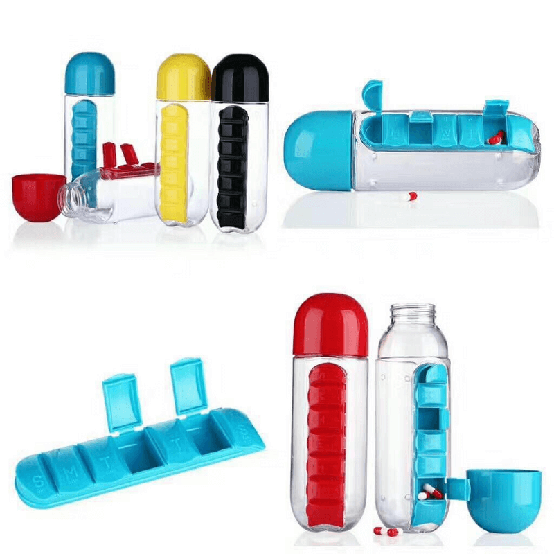2 in 1 Water Bottle with Built in 7 Day Pill Organizer and Cup Cap