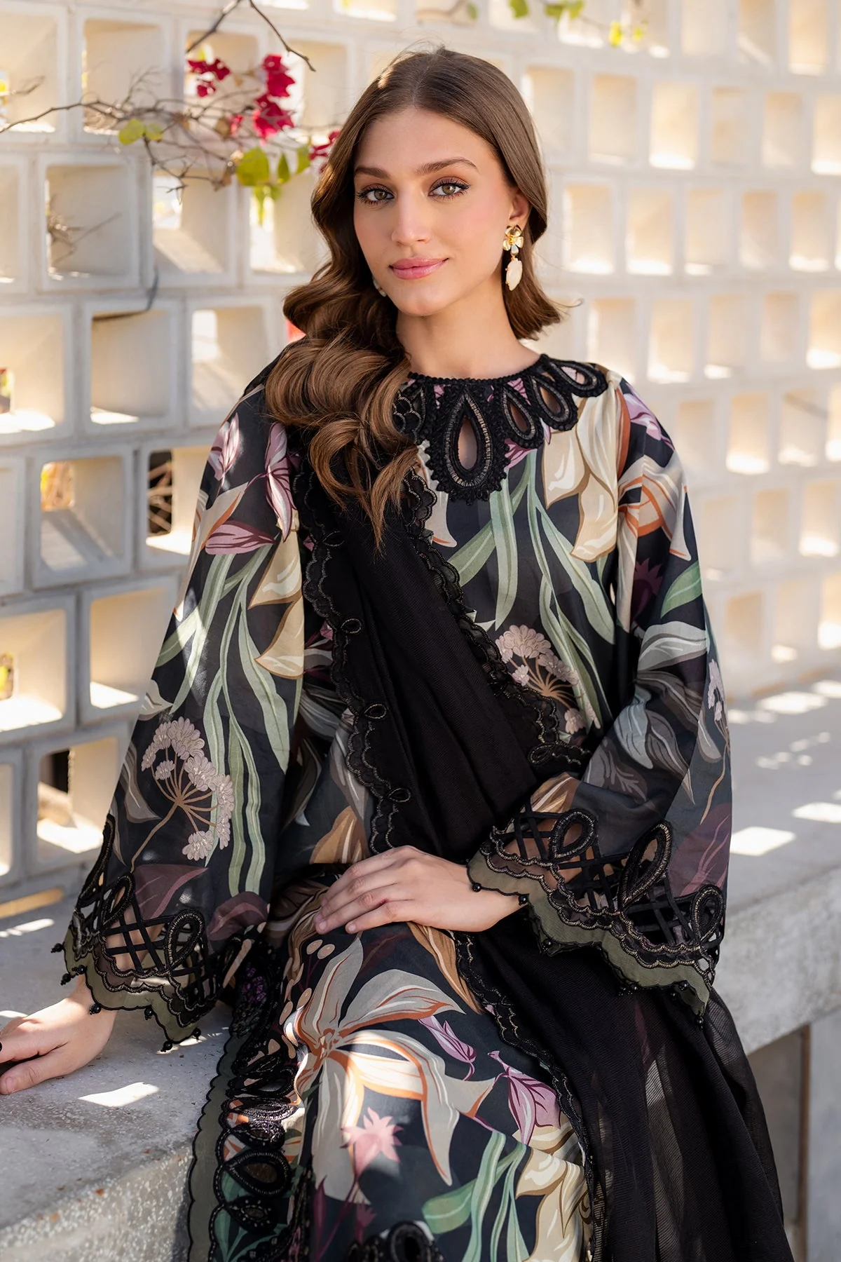 All-Over Printed Embroidered Black Lawn Dress with Chiffon Dupatta - Image 3