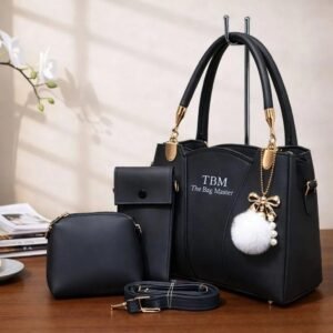 TBM The Bag Master - 3 in 1 Ladies Handbag Set with Pom-Pom Charm - Black